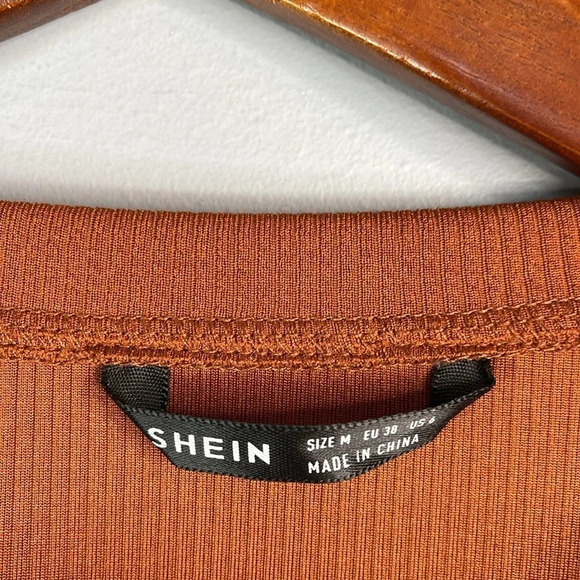 SHEIN Cropped Ribbed Lantern Sleeve Top Rust Brown Crewneck Balloon Size M - Picture 7 of 10